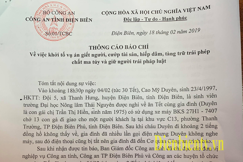 Thông cáo Báo chí của Công an tỉnh Điện Biên