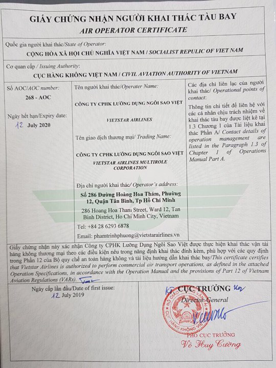 Giấy chứng nhận khai thác tàu bay của Vietstar Airlines.
