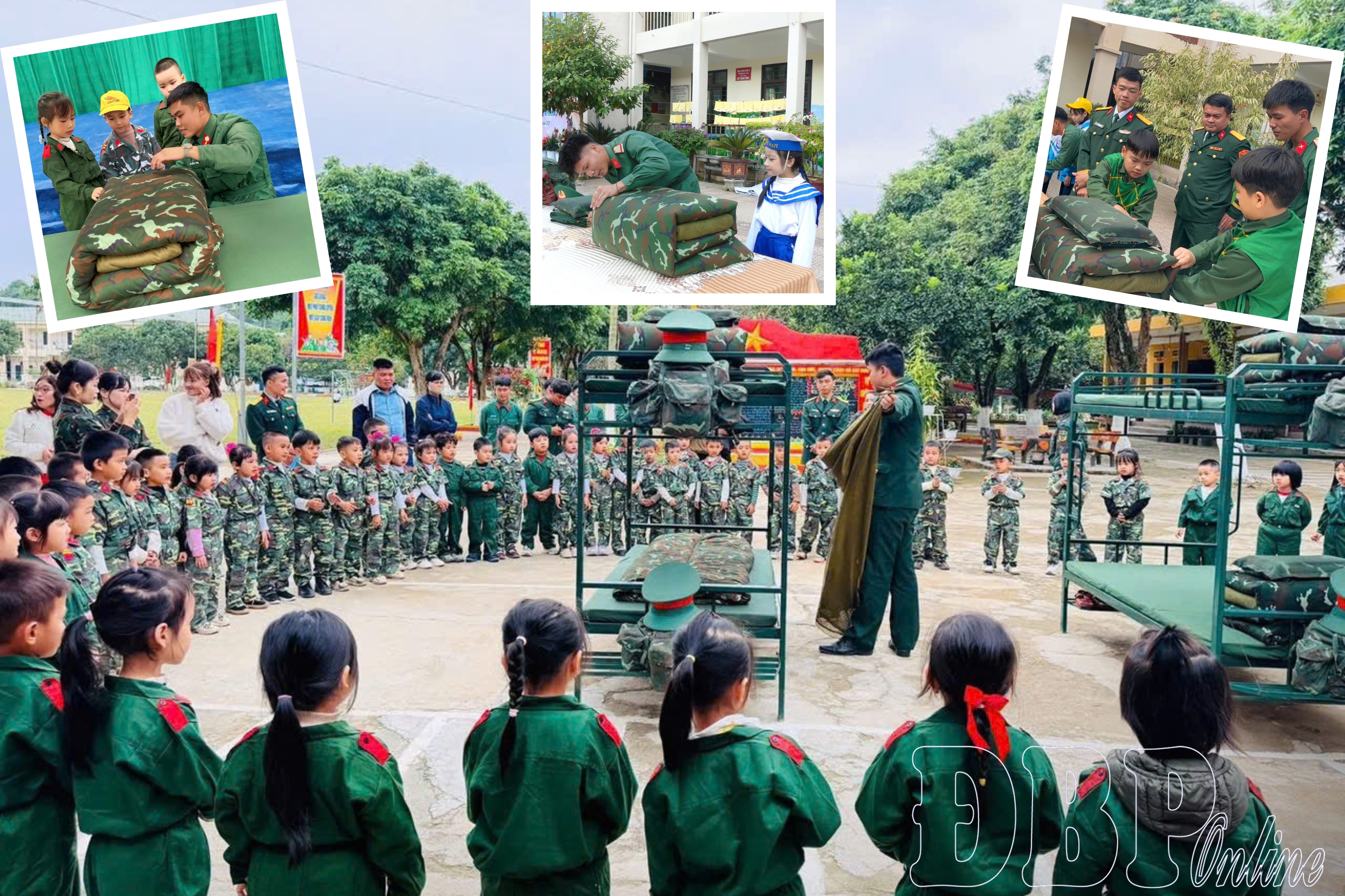 Học sinh tham gia thực hành nền nếp quân đội cùng bộ đội.